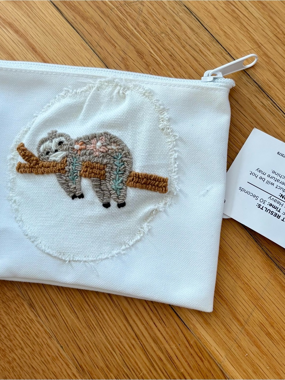 *upcycled* hand sewn Kids White Sloth Embroidered Zipper Pouch